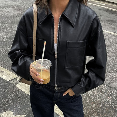 Chaqueta biker corta de mujer con cremallera metalica - Raizy