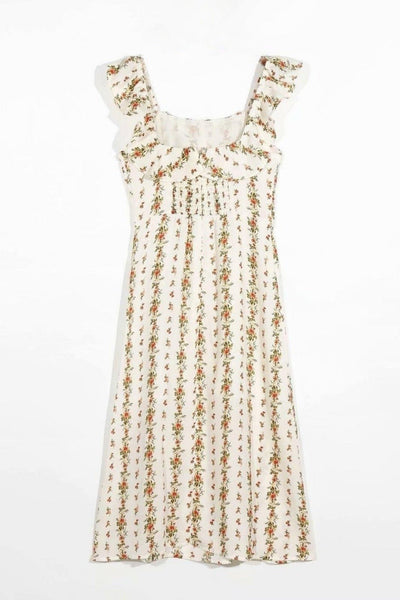 Leni - Vestido midi estampado con abertura y tirantes de volante