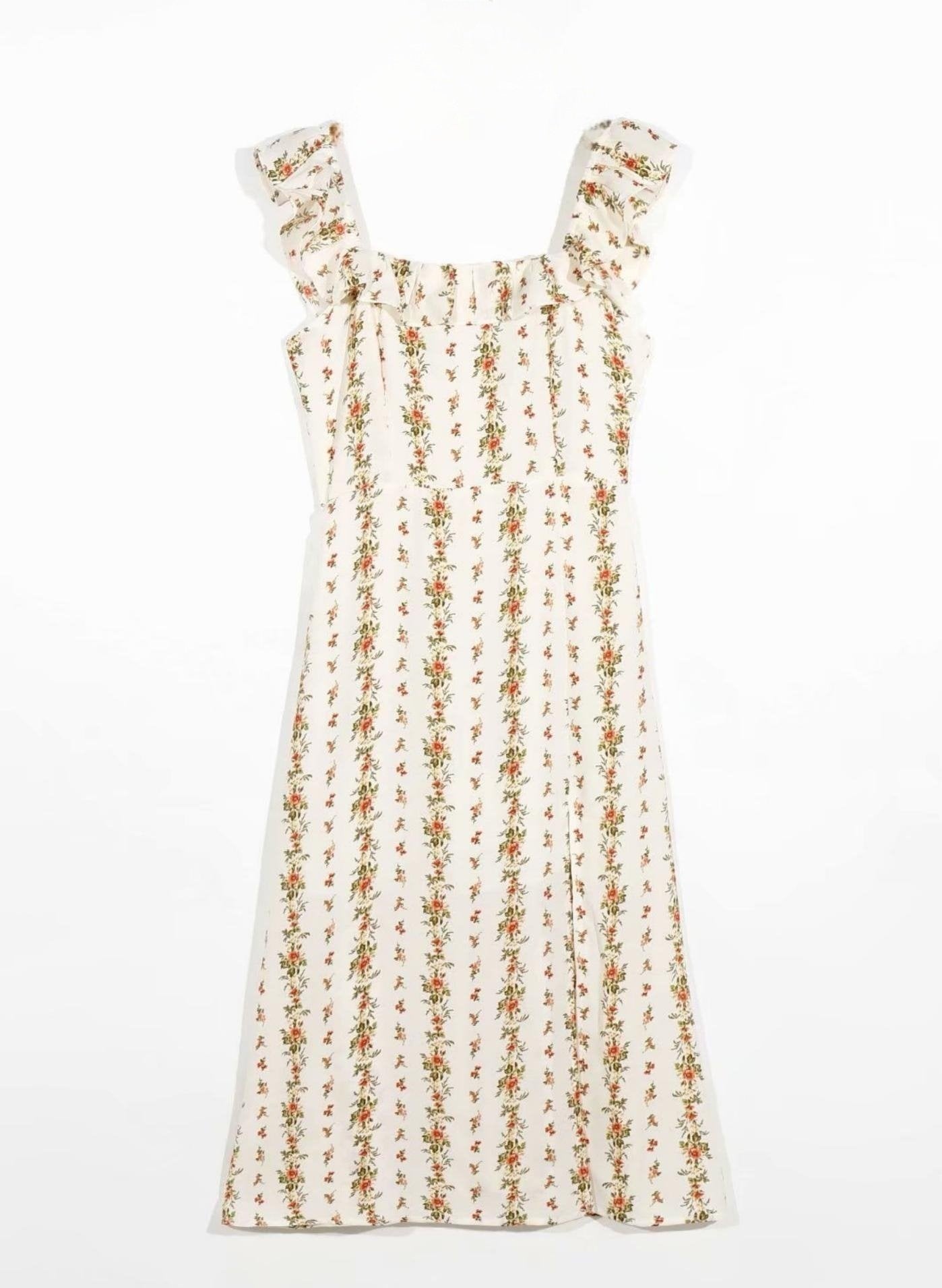 Leni - Vestido midi estampado con abertura y tirantes de volante