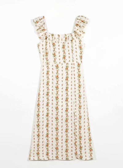 Leni - Vestido midi estampado con abertura y tirantes de volante