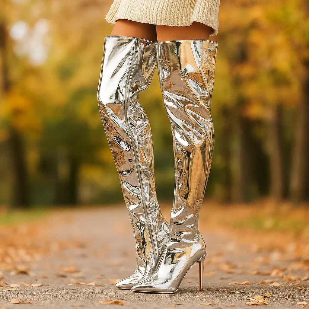 Botas mujer musleras charol tacon alto estilizadas - Valeria