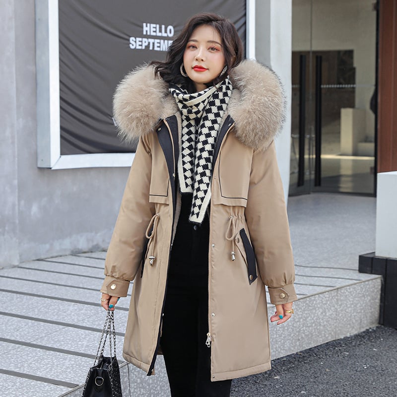 Cazadora larga para mujer con cuello efecto pelo - Mirelle