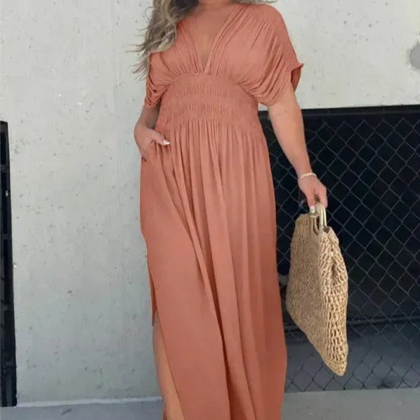 Vestido largo para mujer de escote en V con cintura fruncida - Renata