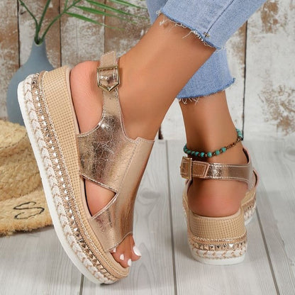 Sandalias para mujer acabado brillante con cuña trenzada - Celeste