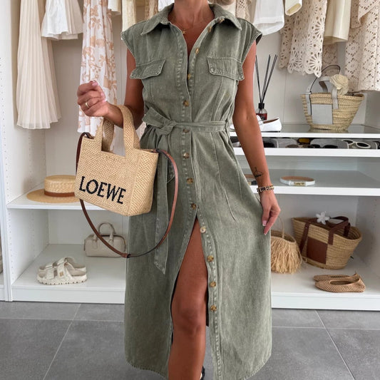 Vestido midi mujer denim sin mangas con botones y cinturón - Estelle