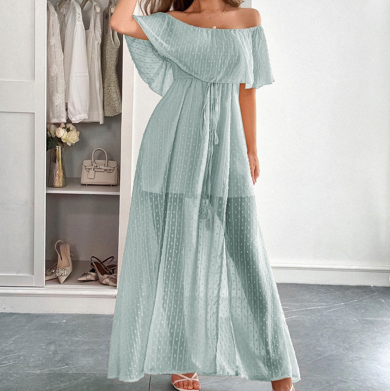 Vestido largo para mujer de gasa plumeti con escote barco estilo fluido - Noelia