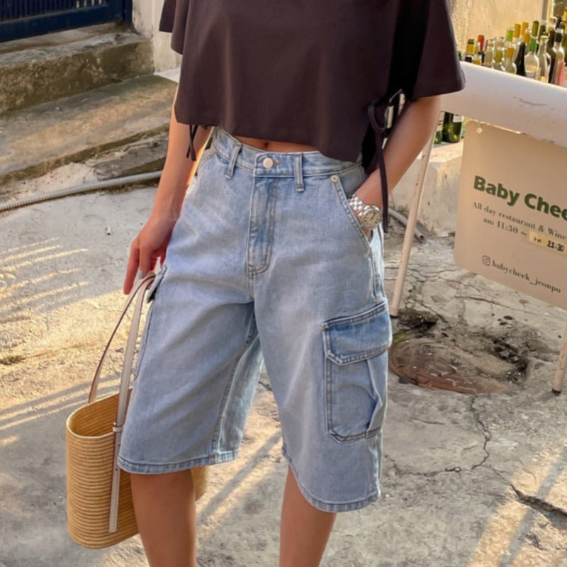Pantalones cortos para mujer denim con bolsillos cargo estilo holgado - Elina