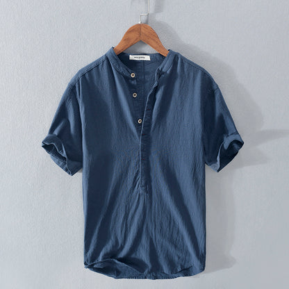 Camisa hombre estilo casual algodón lino azul cielo con botones - Elías