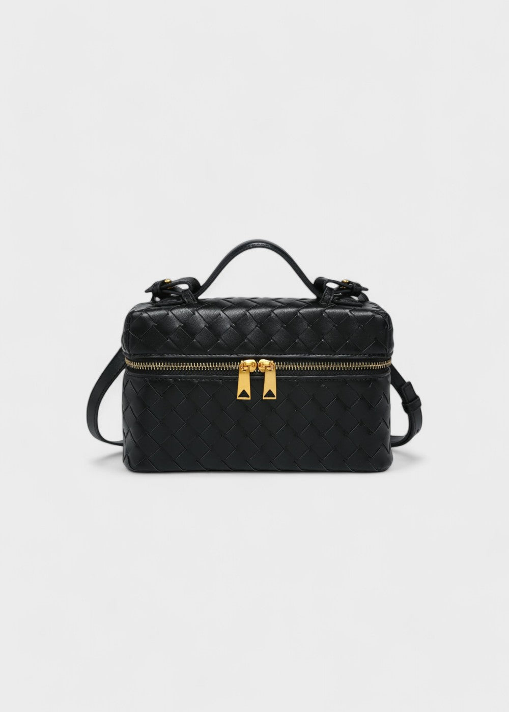 Bolso mujer trenzado negro estructura rígida cremalleras doradas - Valeska