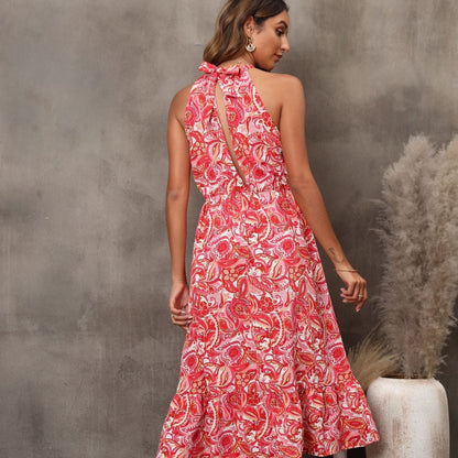 Vestido midi para mujer de estampado floral estilo halter sin mangas - Mariela