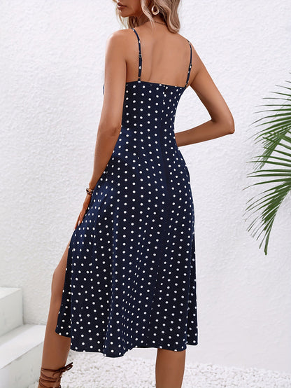 Vestido midi mujer tirantes lunares rojo con abertura - Fiorella