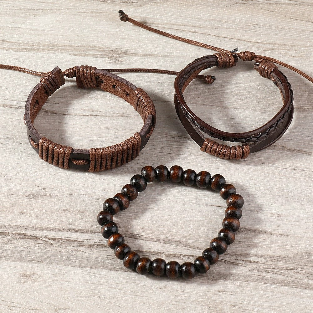 Pulsera hombre cuerda encerada y cuero diseño tribal 3 piezas - Terrakai