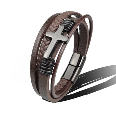 Pulsera hombre cuero trenzado con cruz acero - Sentinel