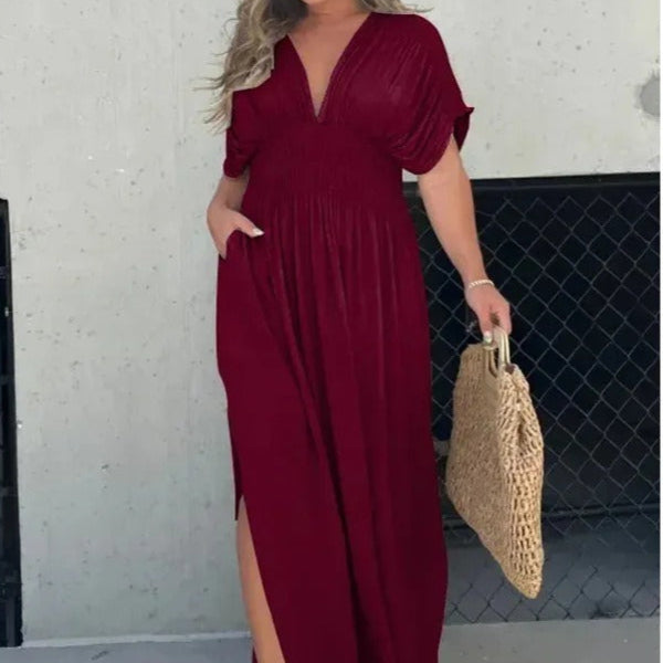 Vestido largo para mujer de escote en V con cintura fruncida - Renata