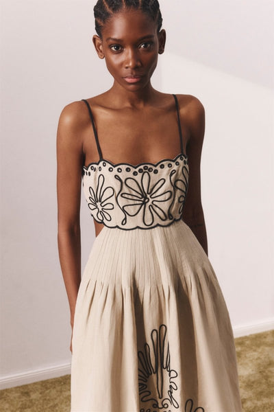 Gilda - Vestido midi de algodón con bordado abstracto