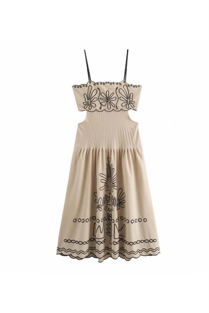 Gilda - Vestido midi de algodón con bordado abstracto