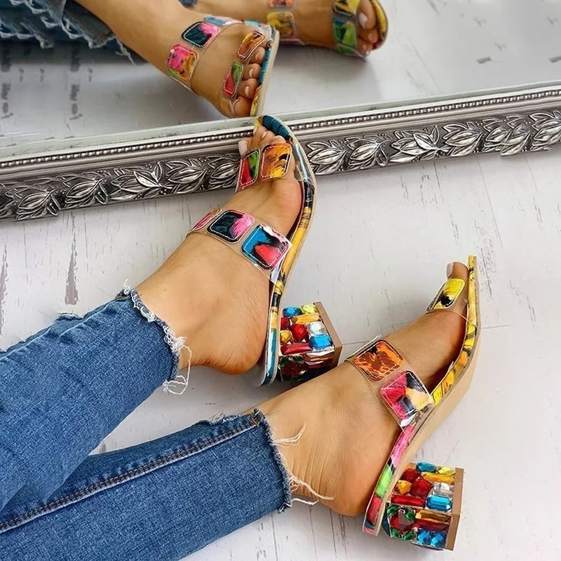 Sandalias de tacón grueso mujer diseño multicolor artístico - Camila