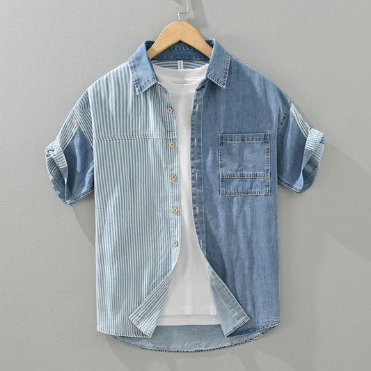 Camisa hombre denim patchwork rayas manga corta - Elías