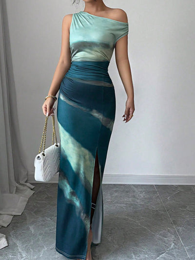 Vestido largo mujer efecto tie-dye hombro asimétrico - Natalia