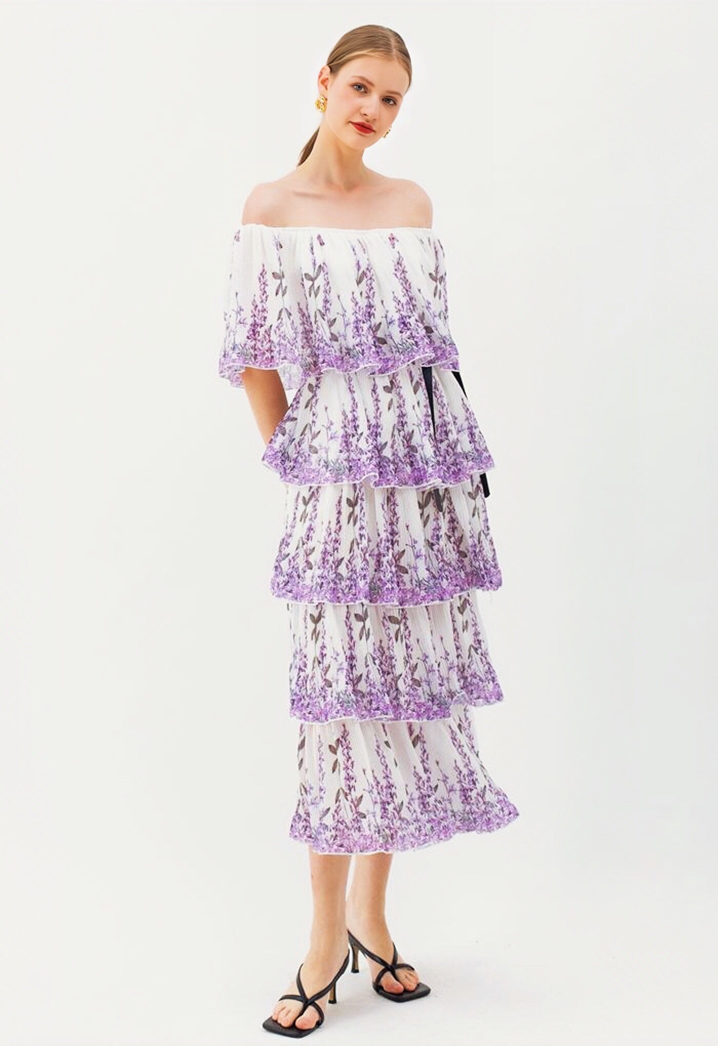 Axelle Vestido midi plisado estampado con volantes