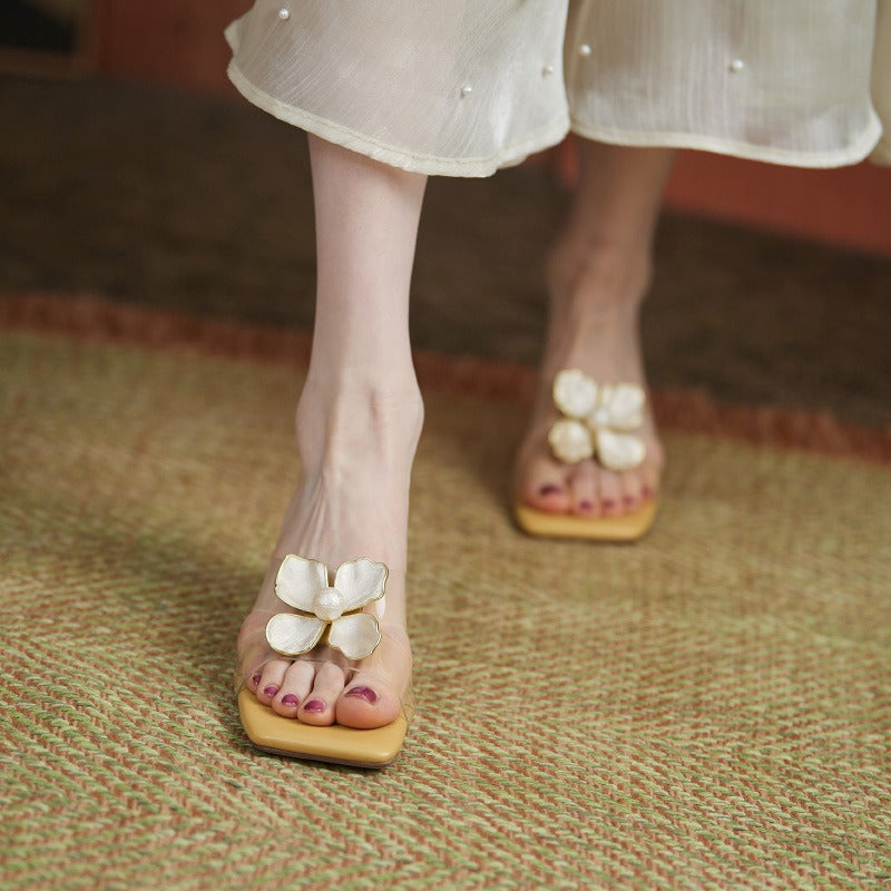 Sandalias mujer con flor elegante estilo perla dorada - Liora