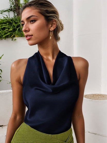 Blusa sin mangas mujer satén escote drapeado marrón - Loren