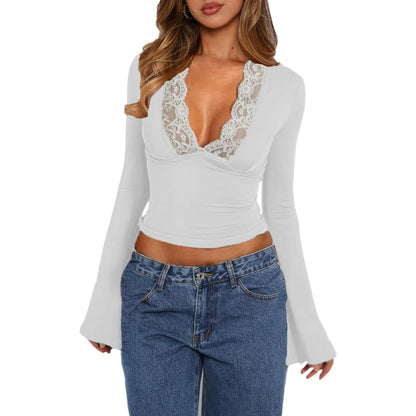 Sissi - Camiseta con cuello en V estrecho de encaje