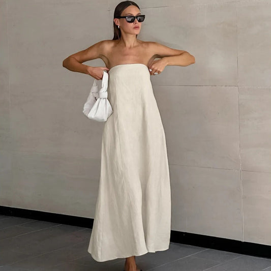 Vestido largo para mujer de lino algodón escote palabra de honor - Elodie