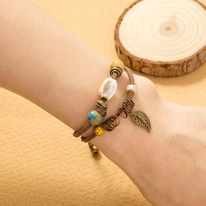 Pulsera mujer bohemia artesanal cuero con cuentas cerámicas - Lantana