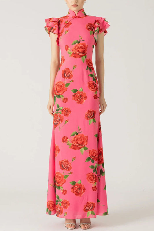 Elena - Vestido Largo con Mangas Acampanadas y Estampado Floral de Rosas