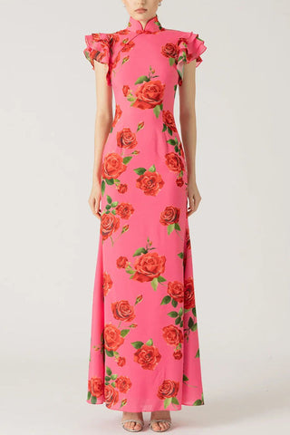 Elena - Vestido Largo con Mangas Acampanadas y Estampado Floral de Rosas
