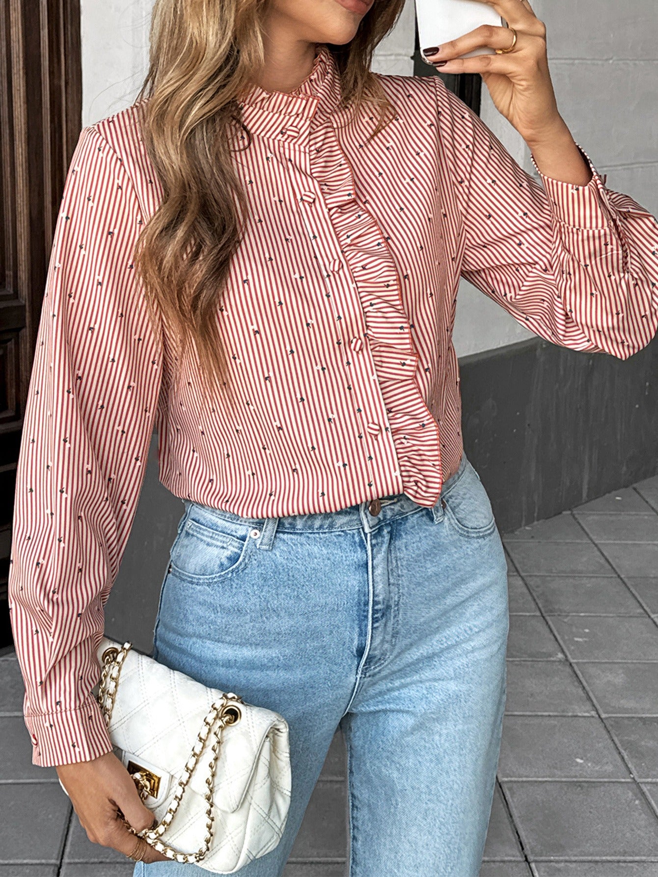 Blusa mujer manga larga con volantes y cuello alto - Lorena