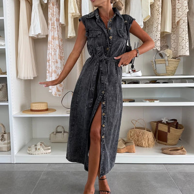 Vestido midi mujer denim sin mangas con botones y cinturón - Estelle
