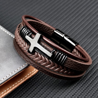 Pulsera hombre cuero trenzado con cruz acero - Sentinel