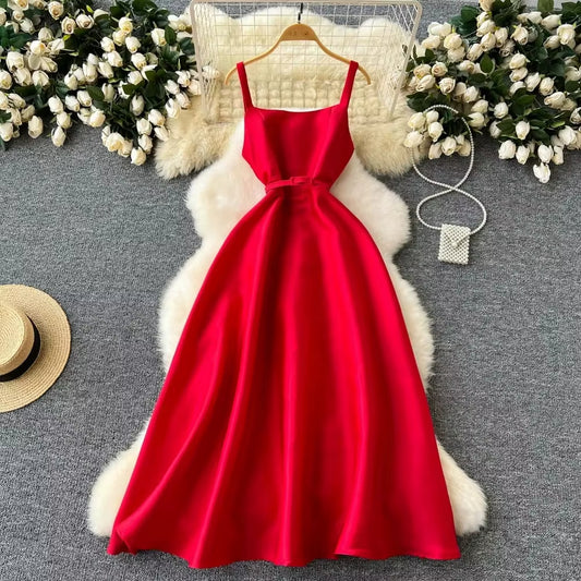 Vestido largo mujer sin mangas estilo francés rojo vintage - Liora