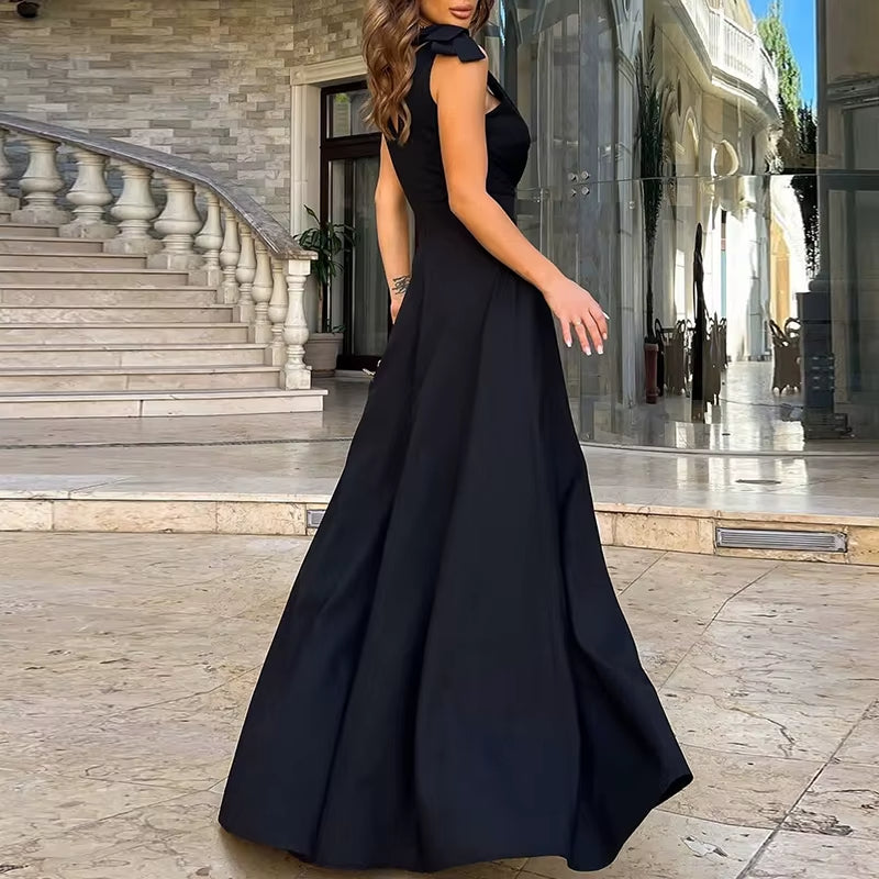 Vestido largo mujer sin mangas con abertura y escote en V azul noche - Elara