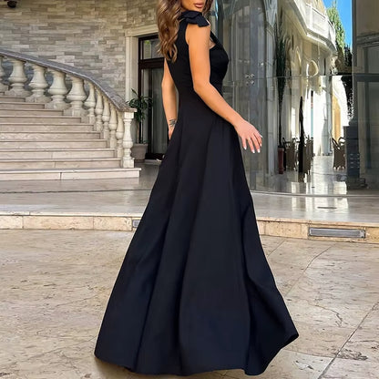 Vestido largo mujer sin mangas con abertura y escote en V azul noche - Elara
