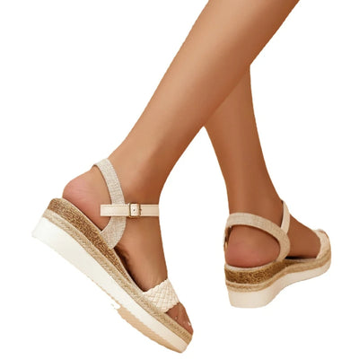 Sandalias cuña mujer diseño trenzado color crema - Arabelle