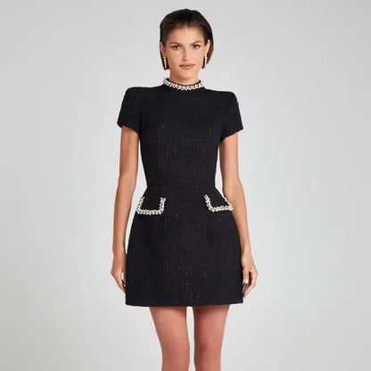 Vestido corto mujer tweed elegante con perlas blanco retro - Clarisse