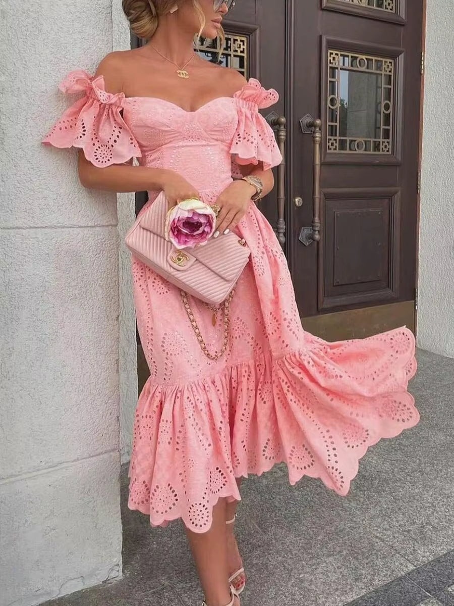 Vestido midi mujer hombros descubiertos encaje rosa romántico - Eloïse