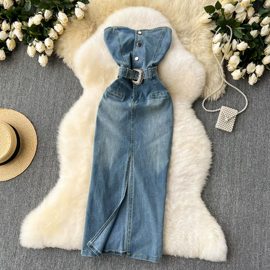 Vestido denim mujer palabra de honor con cinturón estilo western – Dakota