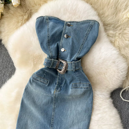 Vestido denim mujer palabra de honor con cinturón estilo western – Dakota