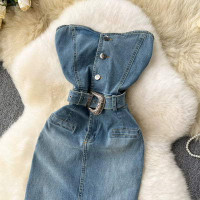 Vestido denim mujer palabra de honor con cinturón estilo western – Dakota