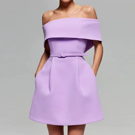 Vestido corto mujer escote bardot plisado lila elegante - Liora