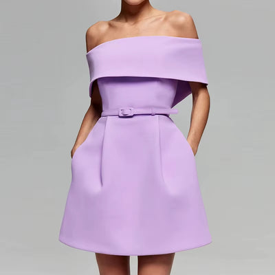Vestido corto mujer escote bardot plisado lila elegante - Liora
