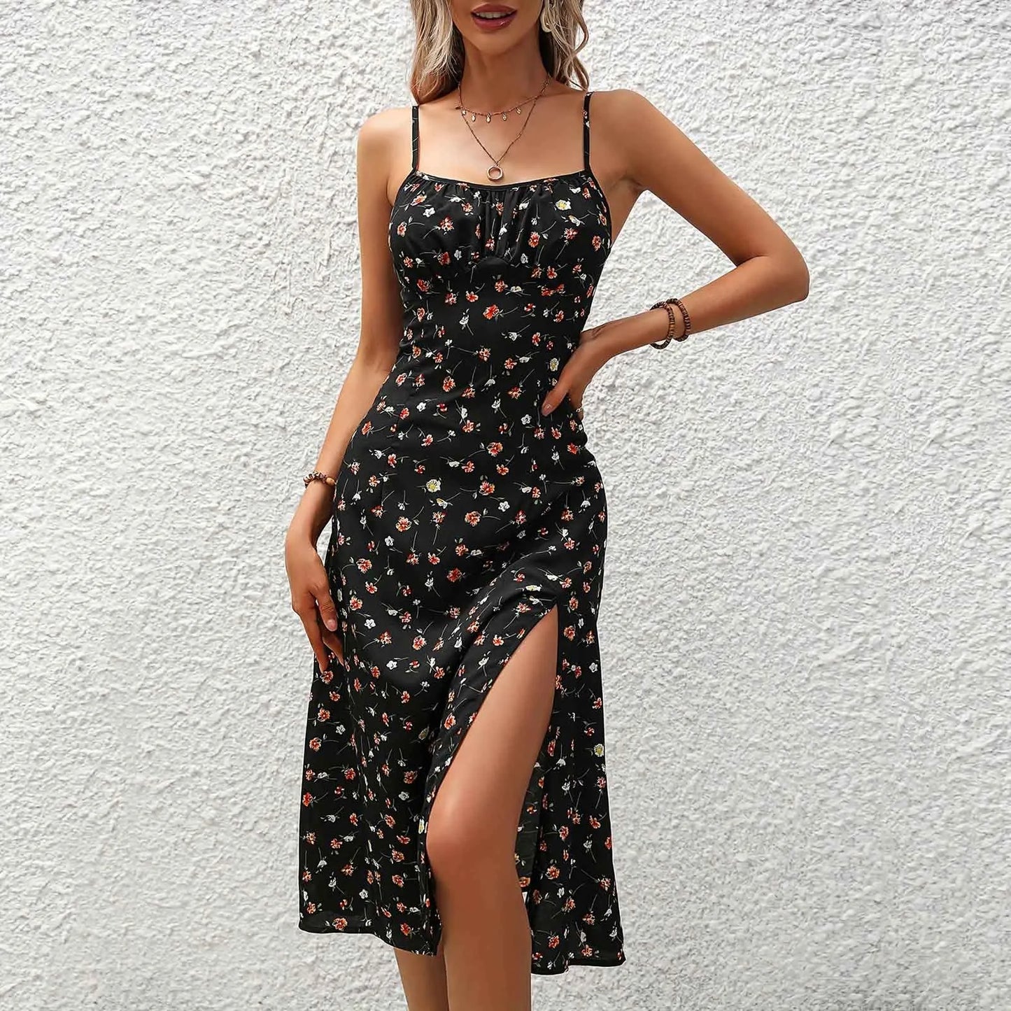 Vestido midi mujer tirantes lunares rojo con abertura - Fiorella
