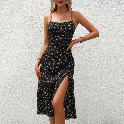Vestido midi mujer tirantes lunares rojo con abertura - Fiorella