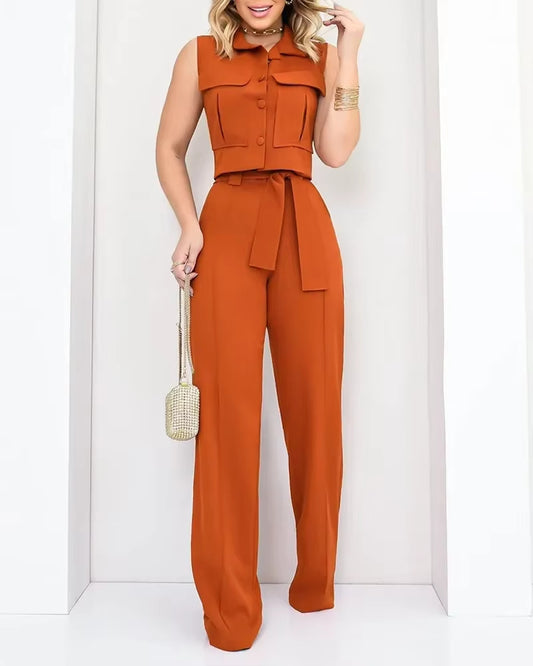 Conjunto mujer sin mangas top con botones y pantalón pierna ancha - Isadora