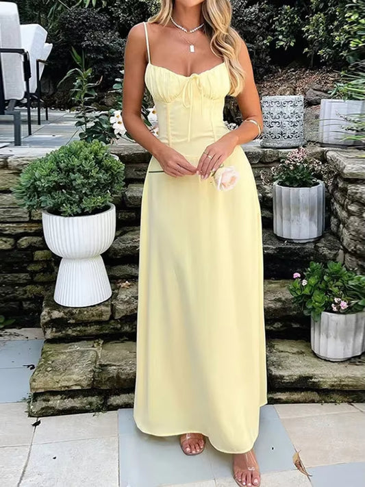 Vestido largo mujer escote corazón tirantes finos color amarillo pastel - Liora