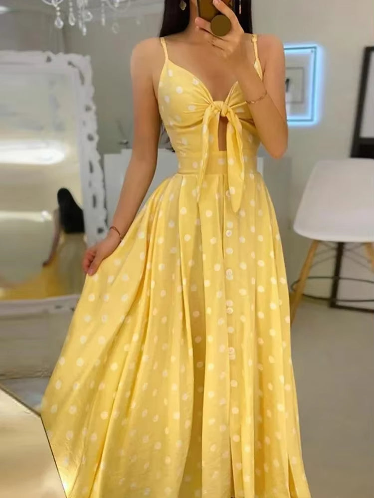 Vestido largo mujer escote en V con lazo y lunares - Olivia
